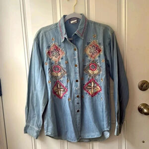 Vintage JouJou Women Denim Button Down Shirt Americana Embroidery